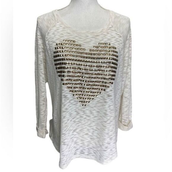 Cato Women's Ivory Gold Heart Embellishment Long Sleeve Blouse Size Large - Picture 1 of 4